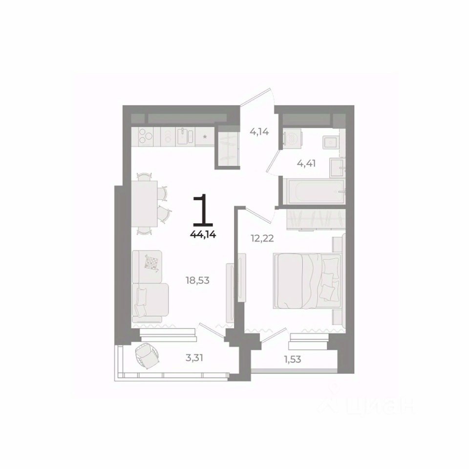 1-к кв. Свердловская область, Екатеринбург ул. Фурманова (43.9 м²)