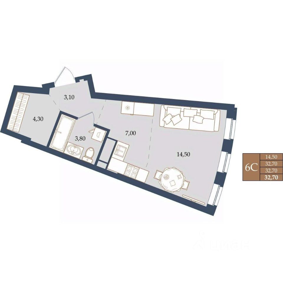 Студия Свердловская область, Екатеринбург ул. Щербакова, 20 (32.7 м²)