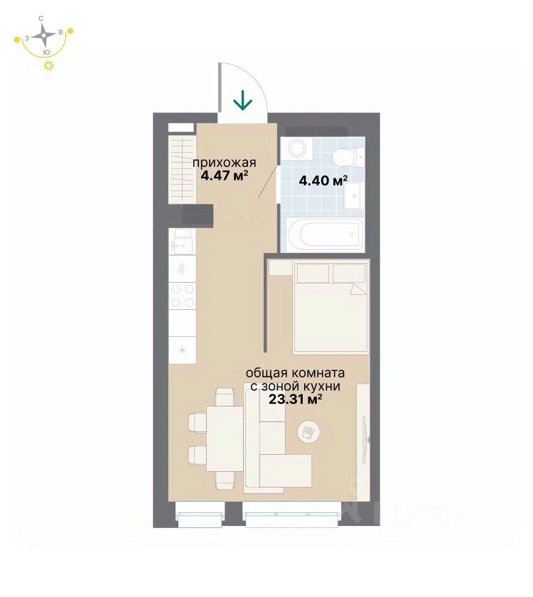 Студия Свердловская область, Екатеринбург ул. Вилонова (32.18 м²)
