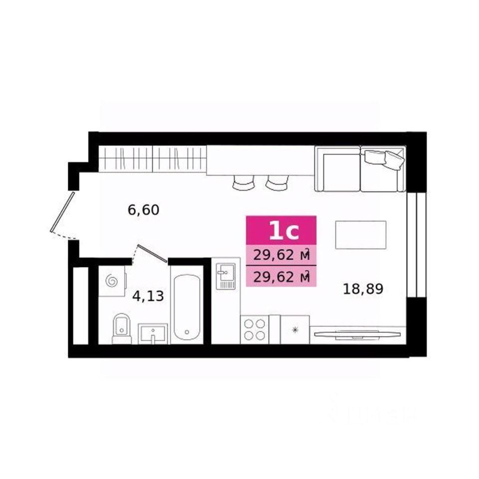 Студия Свердловская область, Екатеринбург ул. Монтерская (29.62 м²)