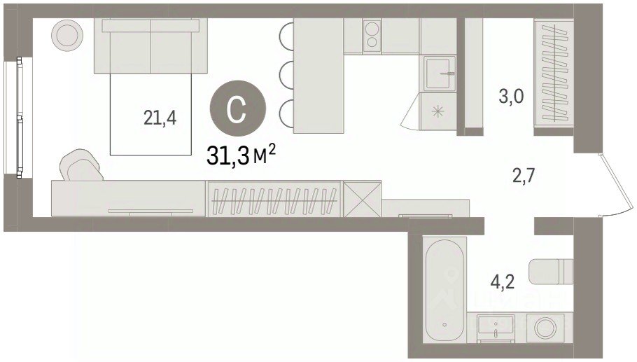 Студия Свердловская область, Екатеринбург пер. Торфяной, 10 (31.3 м²)