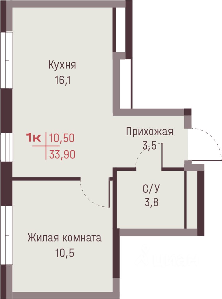 1-к кв. Свердловская область, Екатеринбург ул. Академика Ландау, 13 (33.9 м²)