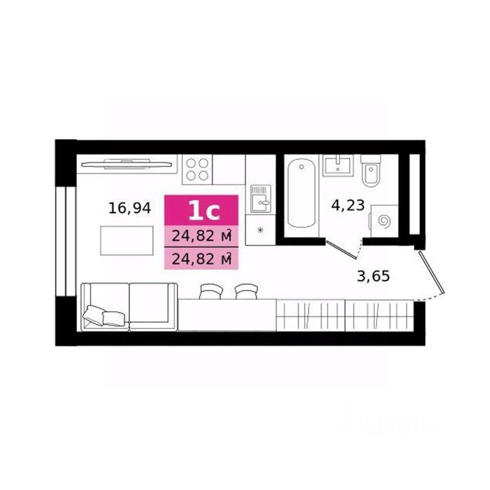 Студия Свердловская область, Екатеринбург ул. Монтерская (24.82 м²)