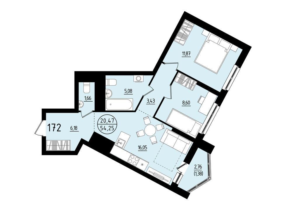 2-комнатная квартира: Екатеринбург, площадь Жуковского, 8 (54.25 м²)