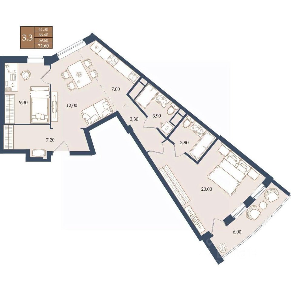 2-к кв. Свердловская область, Екатеринбург ул. Щербакова, 20 (69.6 м²)