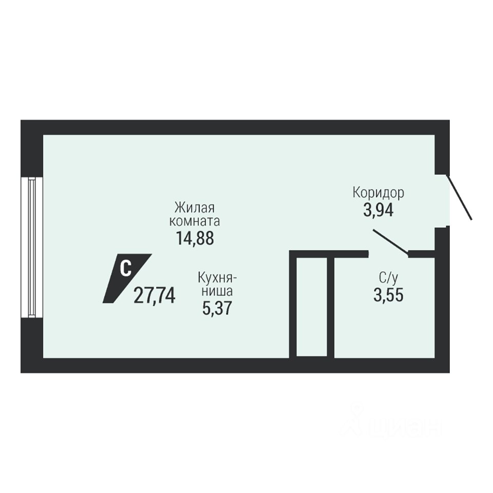 1-к кв. Свердловская область, Екатеринбург пер. Ученический (27.74 м²)