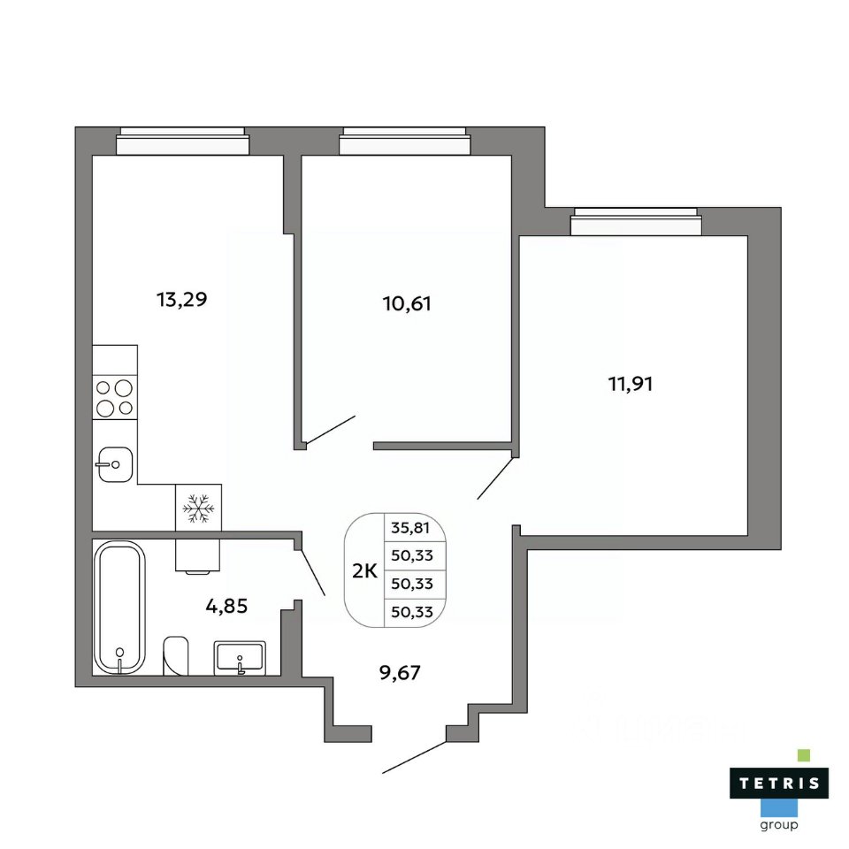 2-к кв. Свердловская область, Екатеринбург Уралмаш жилрайон,  (50.33 м²)