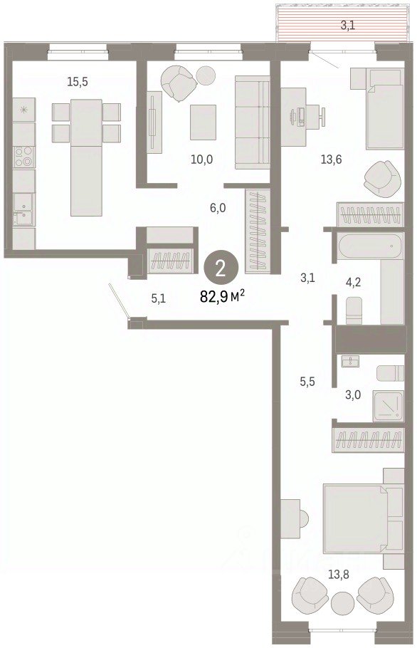 2-к кв. Свердловская область, Екатеринбург Юго-Западный жилрайон, Южные Кварталы жилой комплекс (82.8 м²)