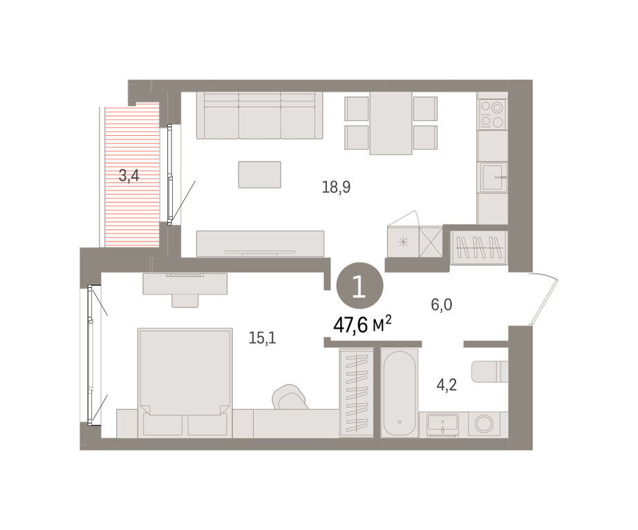 1-комнатная квартира: Екатеринбург, Торфяной переулок, 10 (47.6 м²)