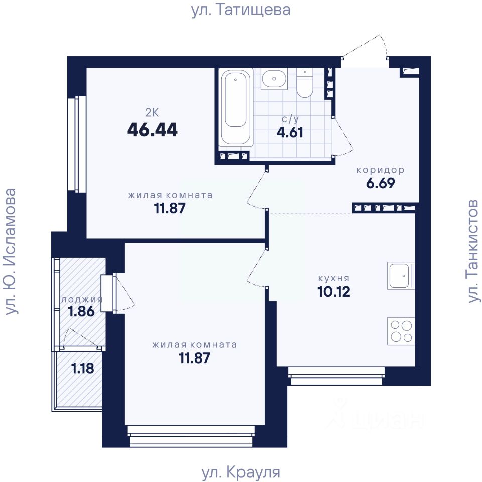 2-к кв. Свердловская область, Екатеринбург ул. Крауля, 170Б (46.44 м²)