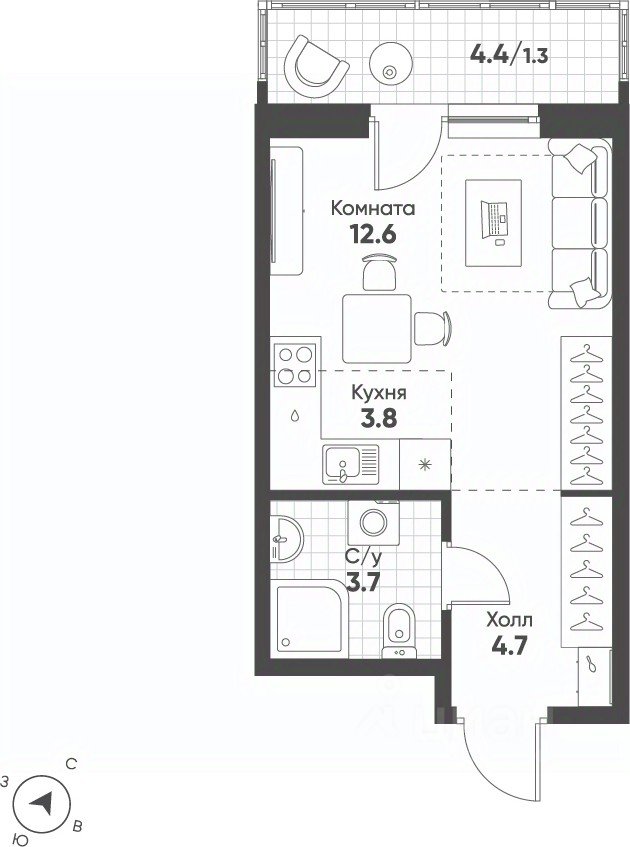 Студия Свердловская область, Екатеринбург Солнечный жилрайон,  (26.1 м²)