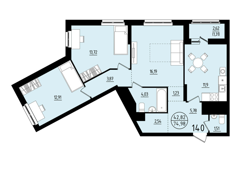 3-комнатная квартира: Екатеринбург, площадь Жуковского, 8 (74.98 м²)