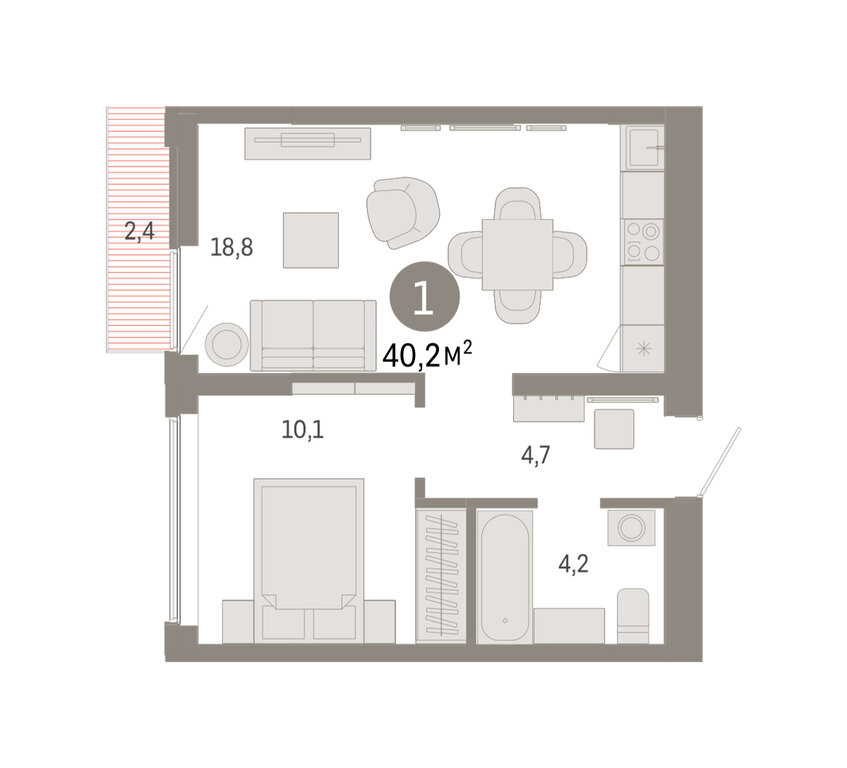 1-комнатная квартира: Екатеринбург, улица Гастелло, 19А (40.22 м²)