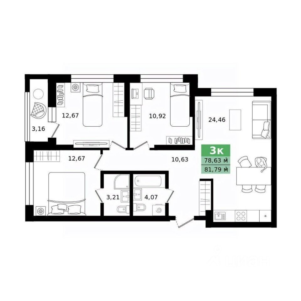 3-к кв. Свердловская область, Екатеринбург ул. Монтерская (81.79 м²)