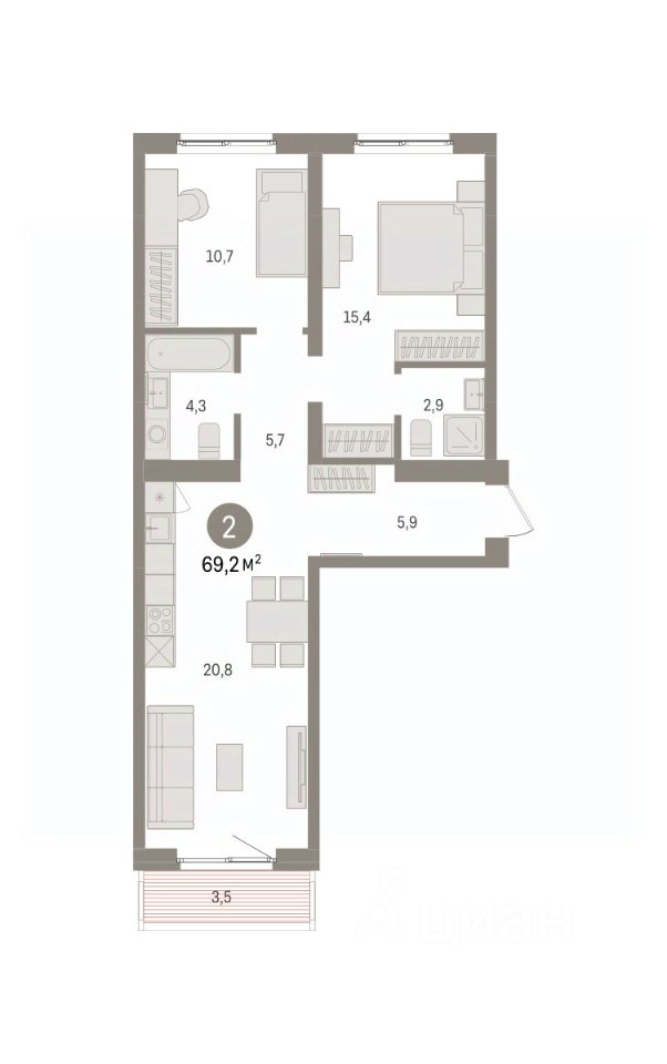 2-к кв. Свердловская область, Екатеринбург пер. Торфяной, 10 (69.2 м²)