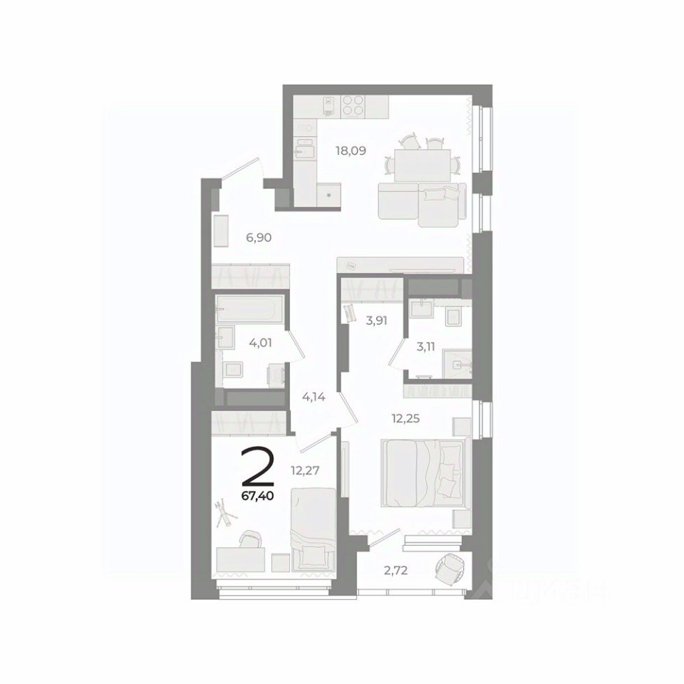 2-к кв. Свердловская область, Екатеринбург ул. Фурманова (67.7 м²)