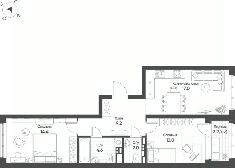 2-к кв. Свердловская область, Екатеринбург Солнечный жилрайон, (60.8 м²)