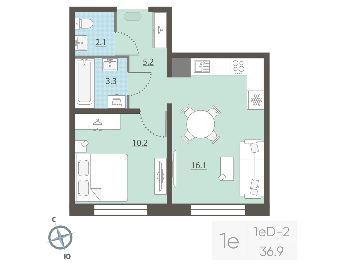 1-к кв. Свердловская область, Екатеринбург ул. Азина, 16/2 (36.9 м²)