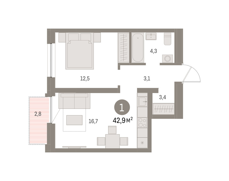1-комнатная квартира: Екатеринбург, улица Гастелло, 18 (42.87 м²)