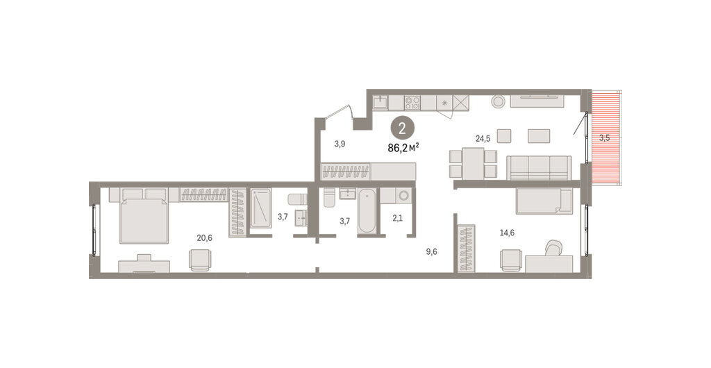 2-комнатная квартира: Екатеринбург, Торфяной переулок, 10 (86.2 м²)