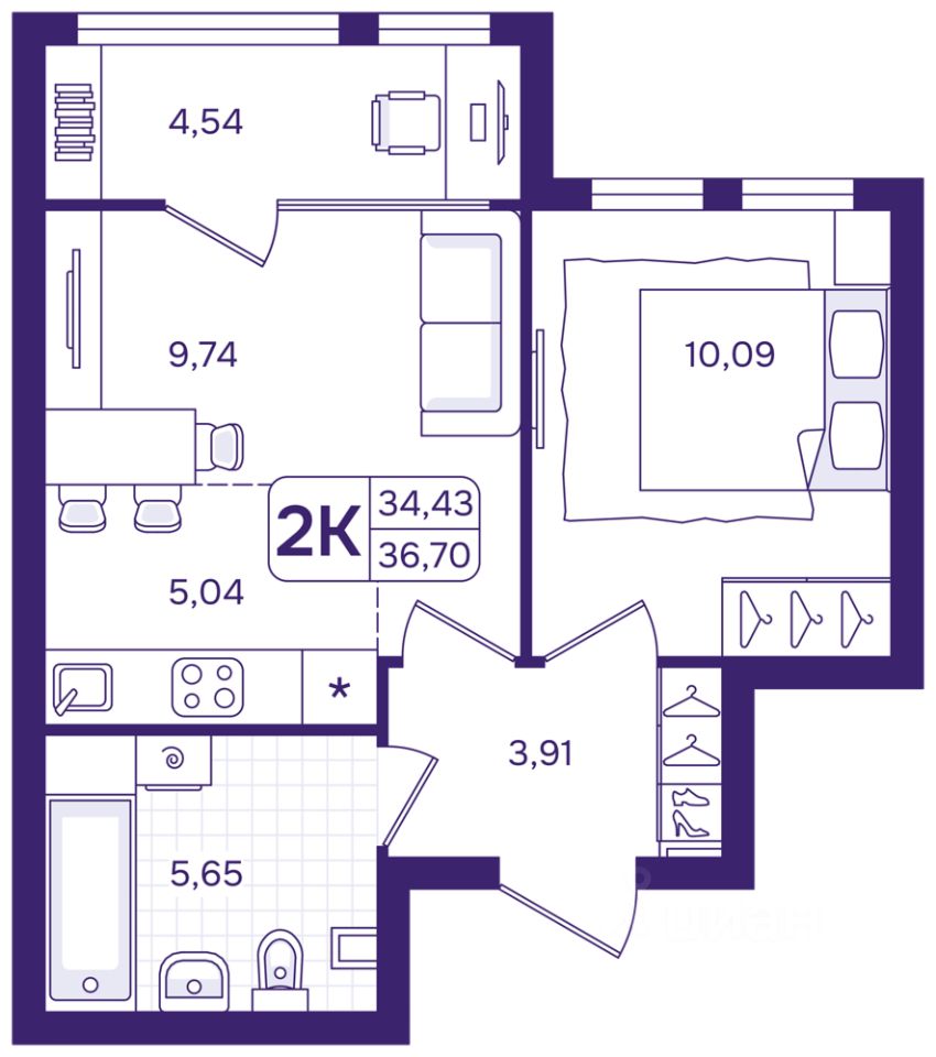 2-к кв. Свердловская область, Екатеринбург пер. Проходной, 1Б (36.7 м²)