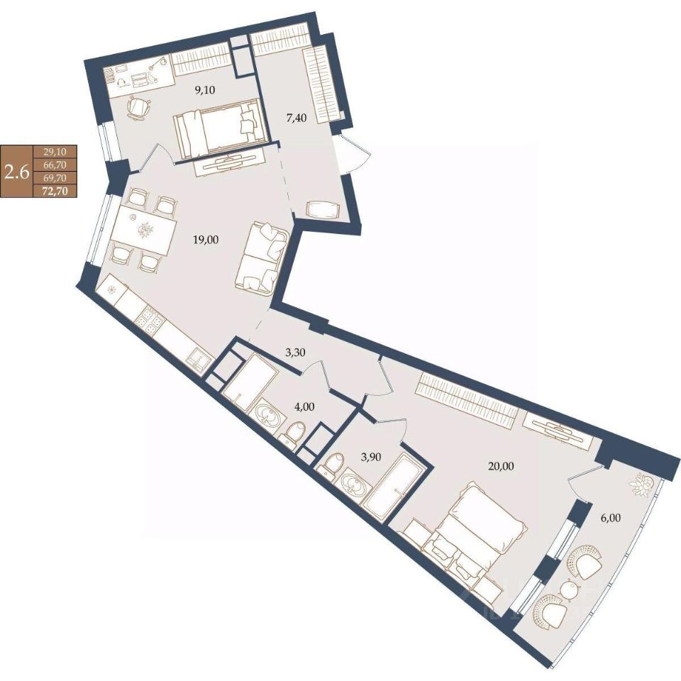 2-к кв. Свердловская область, Екатеринбург ул. Щербакова, 20 (69.7 м²)