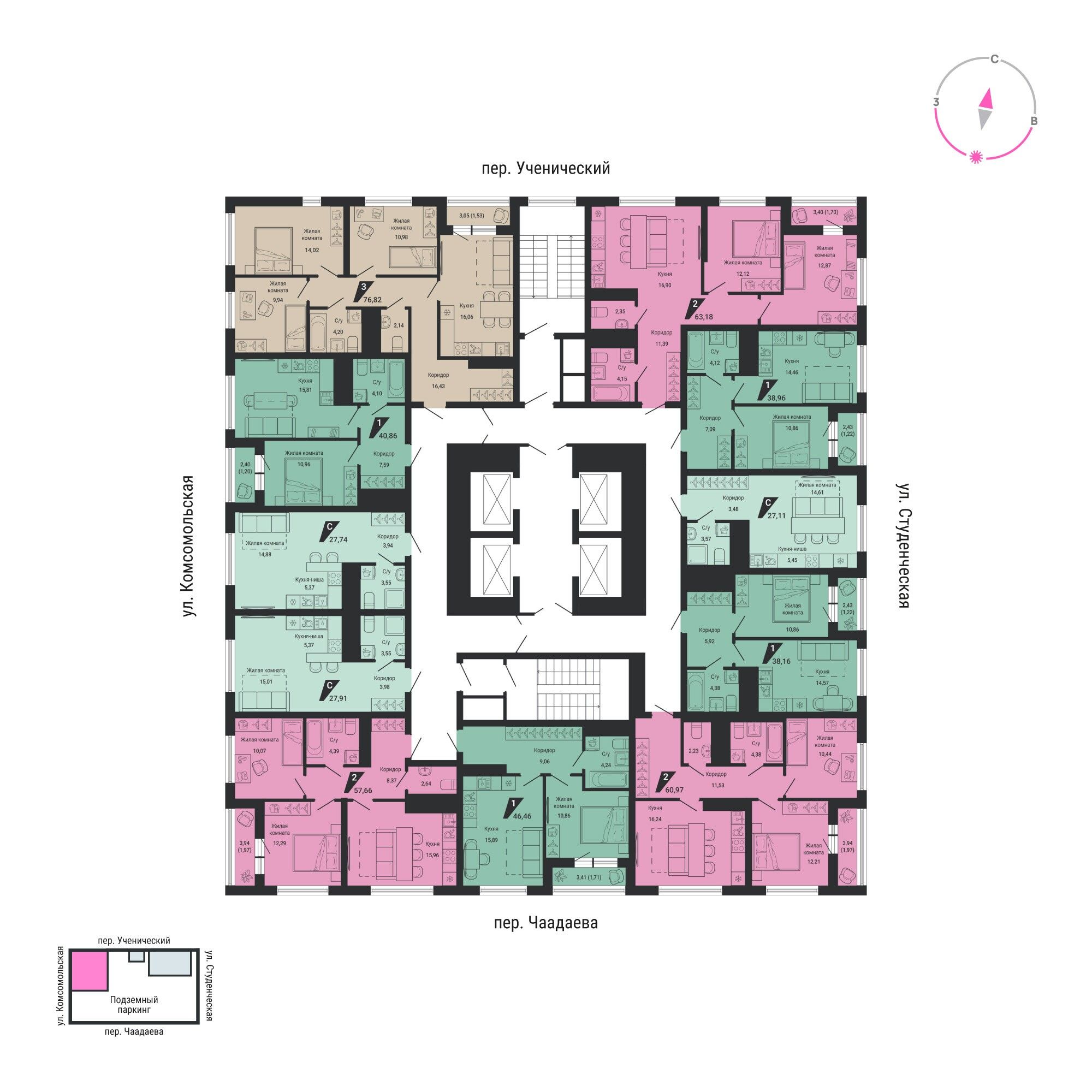 1-к кв. Свердловская область, Екатеринбург пер. Ученический (37.75 м²)