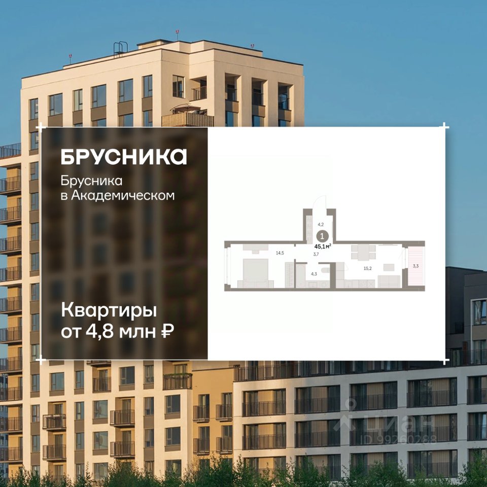 1-к кв. Свердловская область, Екатеринбург Академический мкр, 19-й кв-л, Брусника в Академическом жилой комплекс (44.93 м²)
