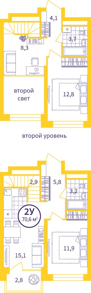 2-к кв. Свердловская область, Екатеринбург ул. Щербакова, 82 (68.59 м²)
