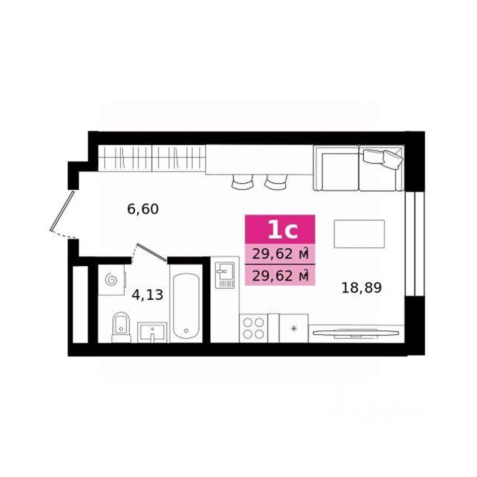 Студия Свердловская область, Екатеринбург ул. Монтерская (29.62 м²)