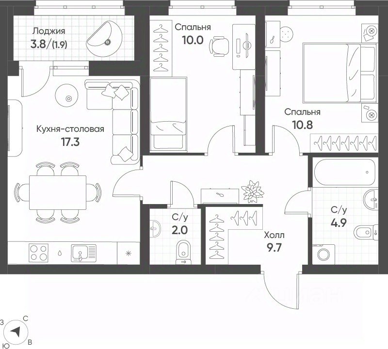 2-к кв. Свердловская область, Екатеринбург Солнечный жилрайон,  (56.6 м²)