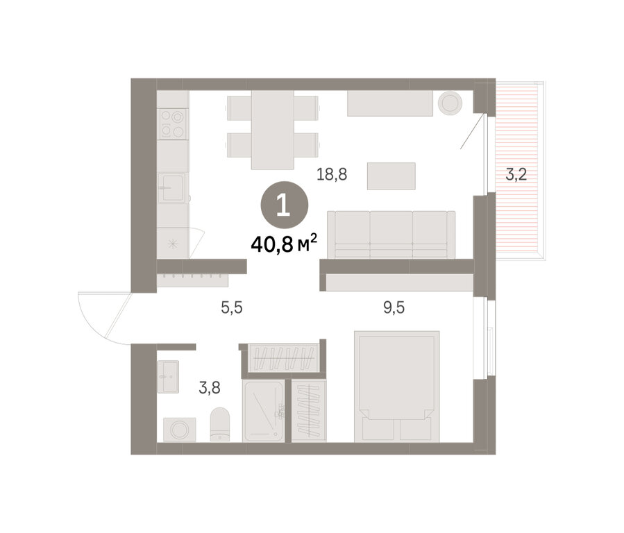 1-комнатная квартира: Екатеринбург, Благодатская улица, 15 (40.77 м²)