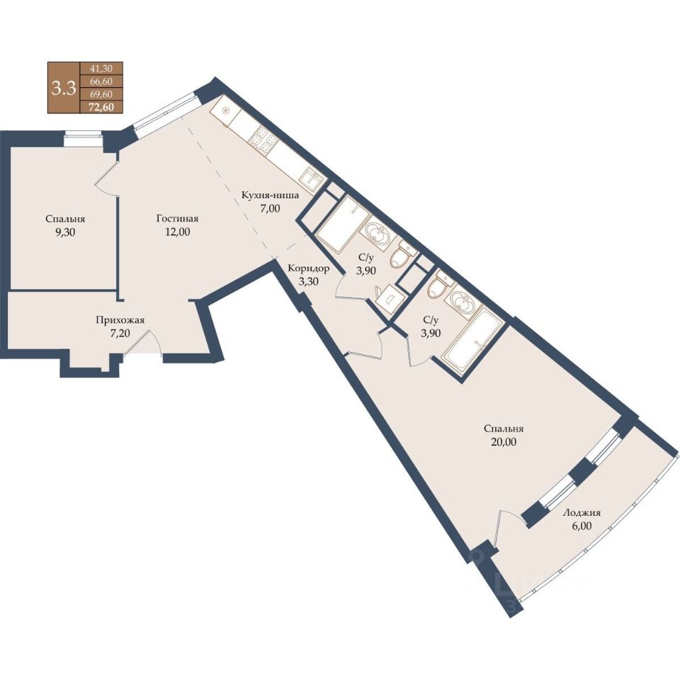 2-к кв. Свердловская область, Екатеринбург ул. Щербакова, 20 (69.6 м²)