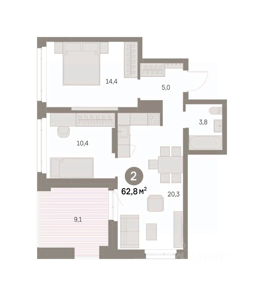 2-к кв. Свердловская область, Екатеринбург Академический мкр, 19-й кв-л, Брусника в Академическом жилой комплекс (62.82 м²)