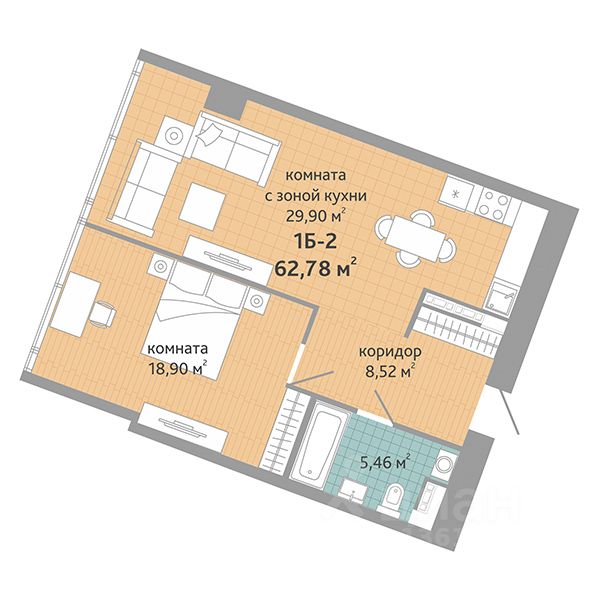 2-к кв. Свердловская область, Екатеринбург ул. Маршала Жукова, 16 (62.78 м²)