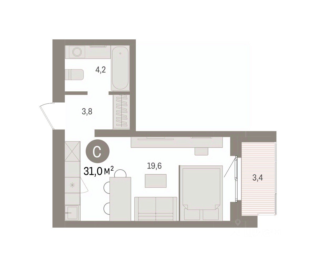 Студия Свердловская область, Екатеринбург пер. Торфяной, 10 (31.0 м²)