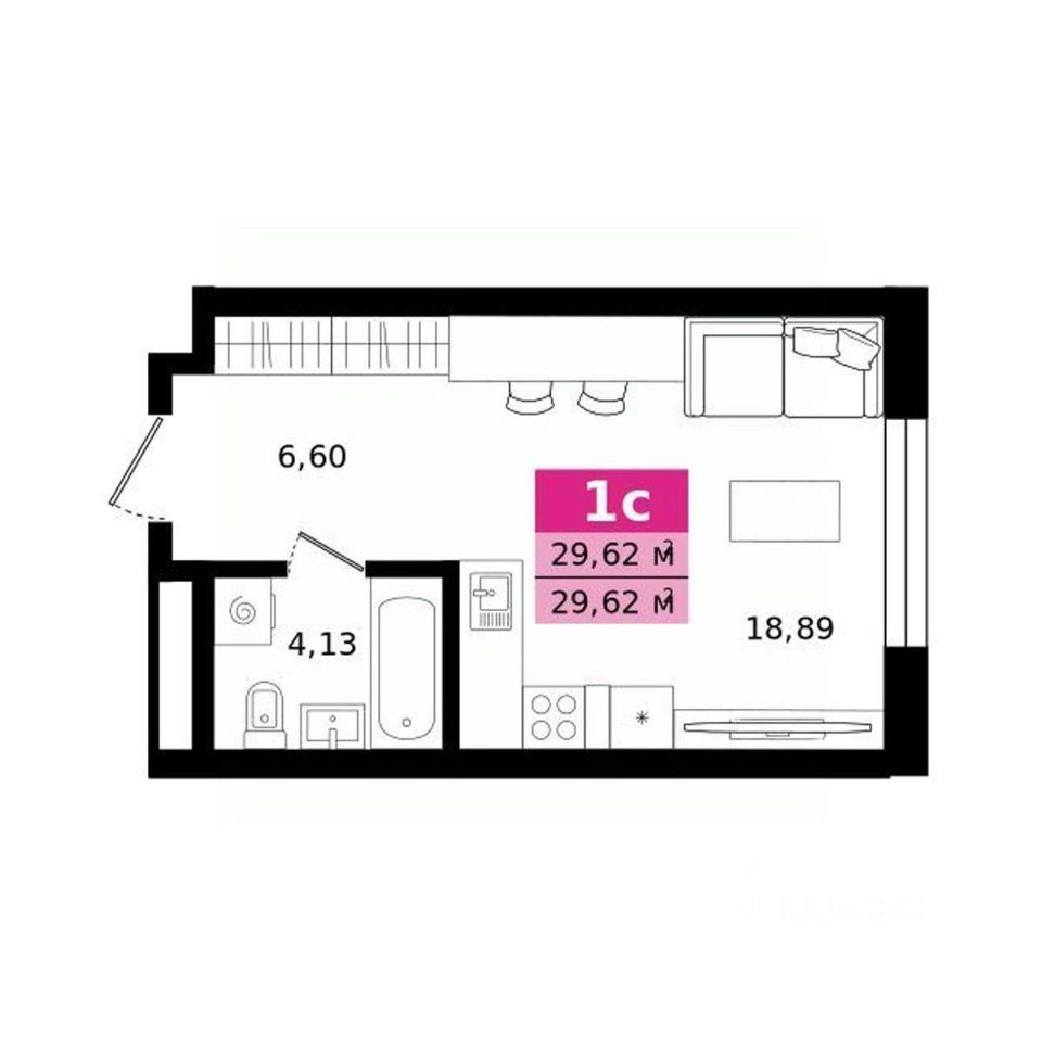 Студия Свердловская область, Екатеринбург ул. Монтерская (29.62 м²)