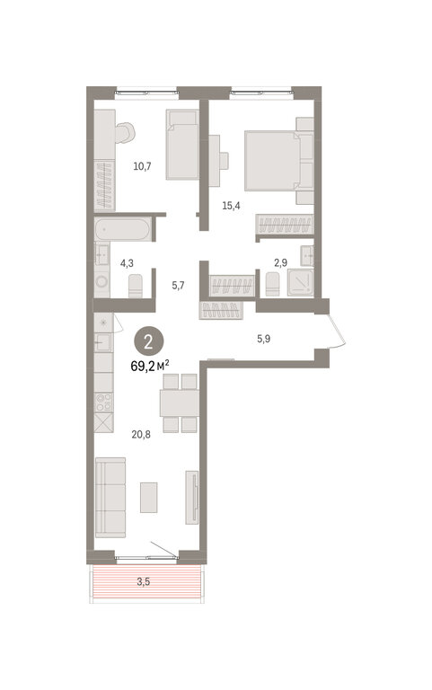 2-комнатная квартира: Екатеринбург, Торфяной переулок, 10 (69.2 м²)