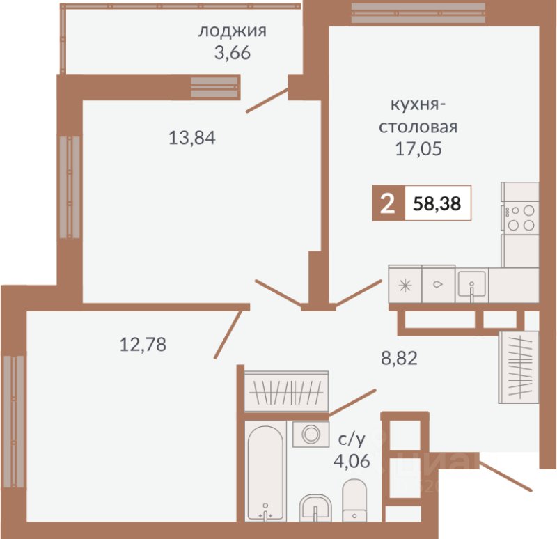 2-к кв. Свердловская область, Екатеринбург пер. Старателей (58.38 м²)