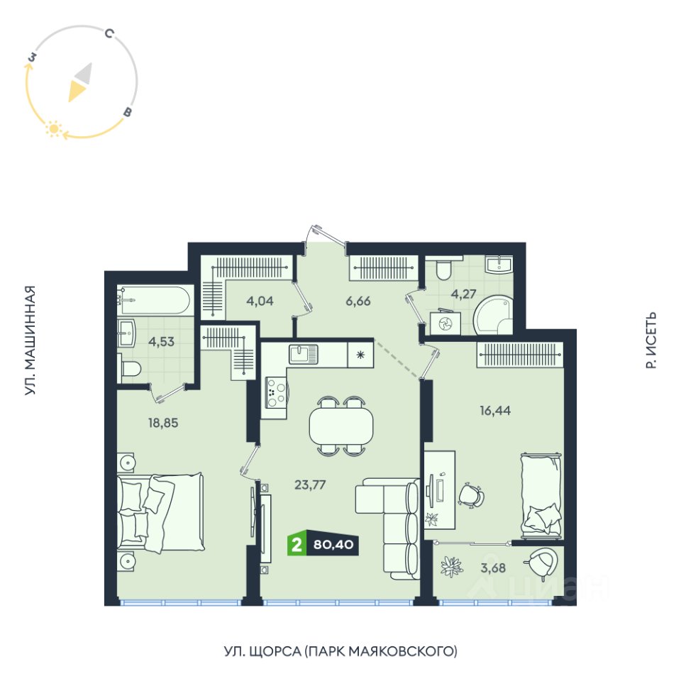 2-к кв. Свердловская область, Екатеринбург ул. Машинная, 1В/4 (80.4 м²)
