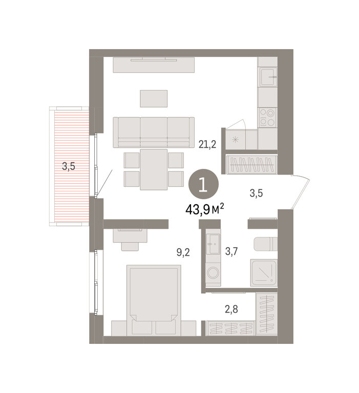 1-комнатная квартира: Екатеринбург, Торфяной переулок, 10 (43.9 м²)