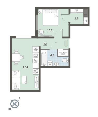 1-комнатная квартира: Екатеринбург, микрорайон Широкая Речка (40.3 м²)