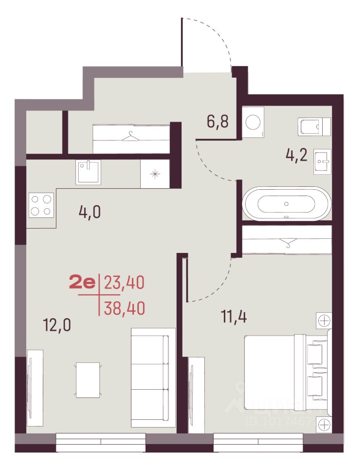 2-к кв. Свердловская область, Екатеринбург ул. Академика Ландау, 13 (38.4 м²)
