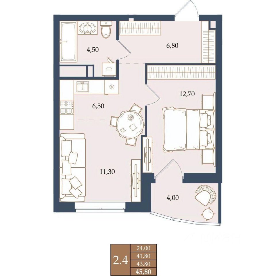 1-к кв. Свердловская область, Екатеринбург ул. Щербакова, 20 (43.8 м²)
