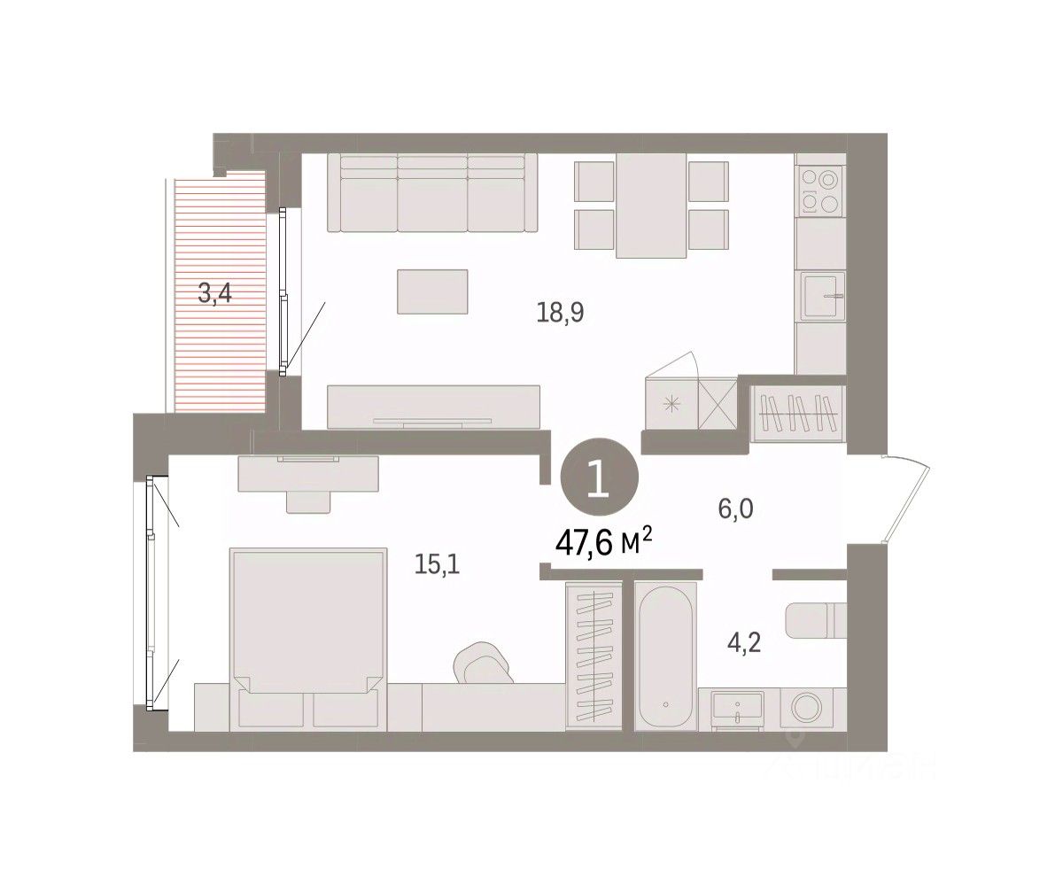 1-к кв. Свердловская область, Екатеринбург пер. Торфяной, 10 (47.6 м²)
