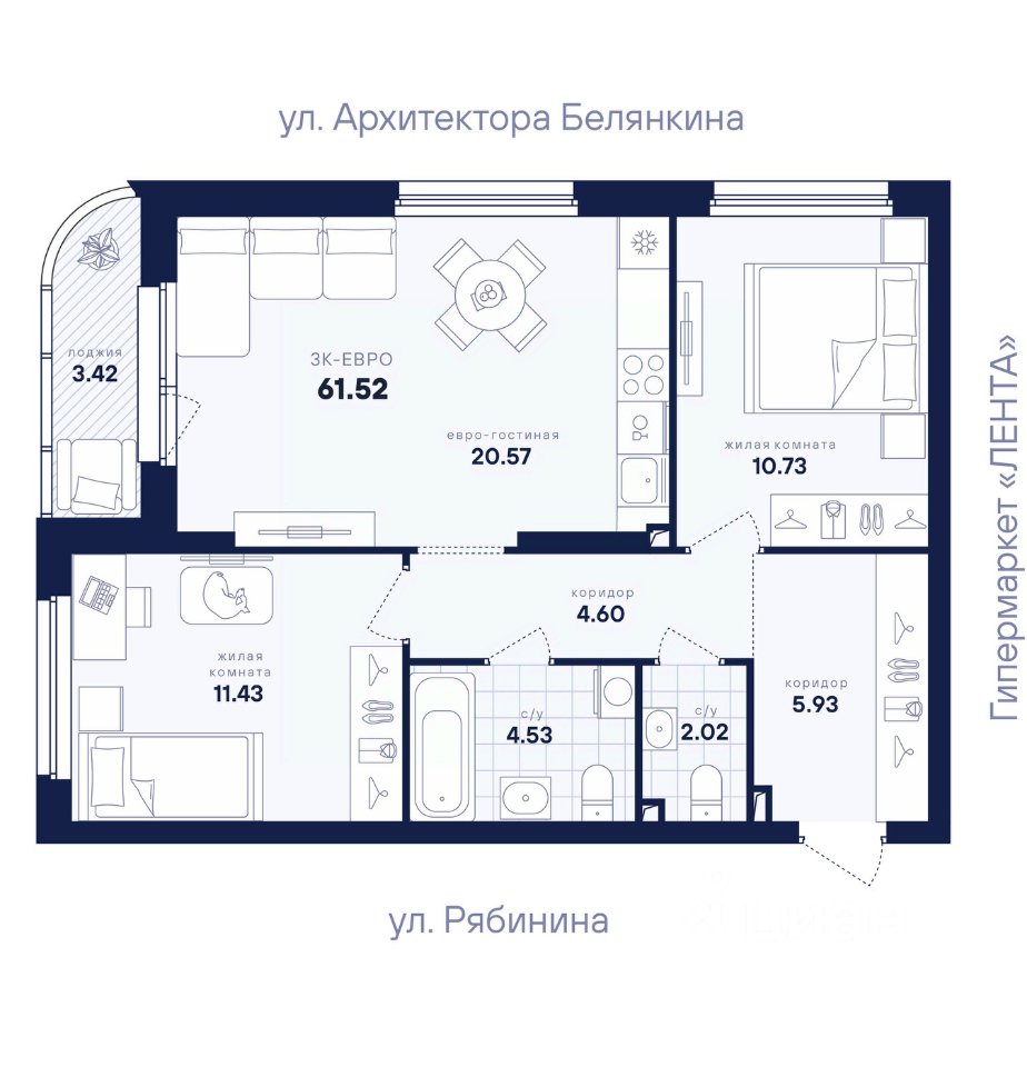 2-к кв. Свердловская область, Екатеринбург ул. Рябинина, 42 (61.52 м²)