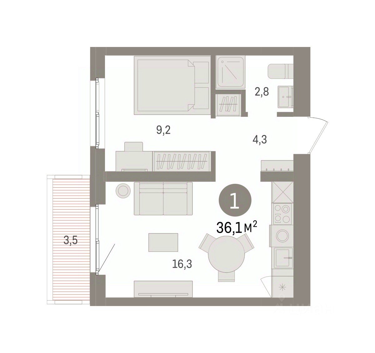 1-к кв. Свердловская область, Екатеринбург пер. Торфяной, 10 (36.1 м²)