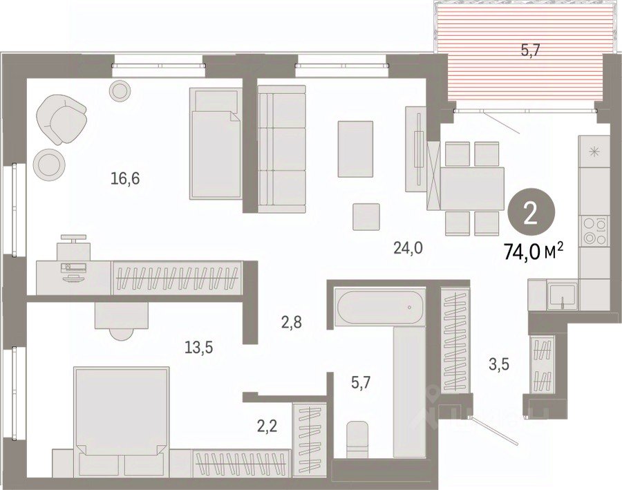 2-к кв. Свердловская область, Екатеринбург ул. Шаумяна, 20 (74.0 м²)