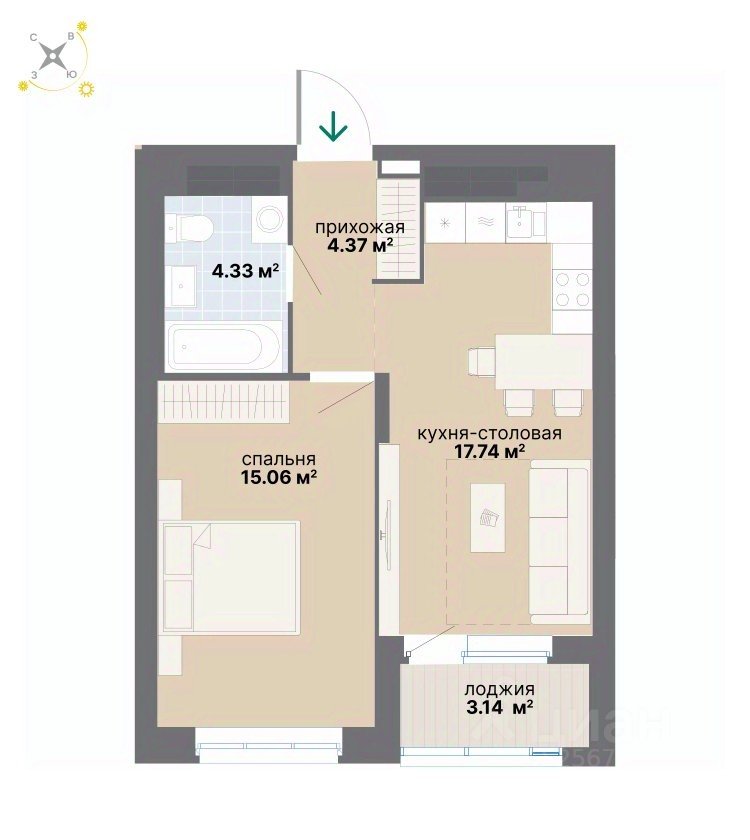1-к кв. Свердловская область, Екатеринбург ул. Вилонова (44.64 м²)