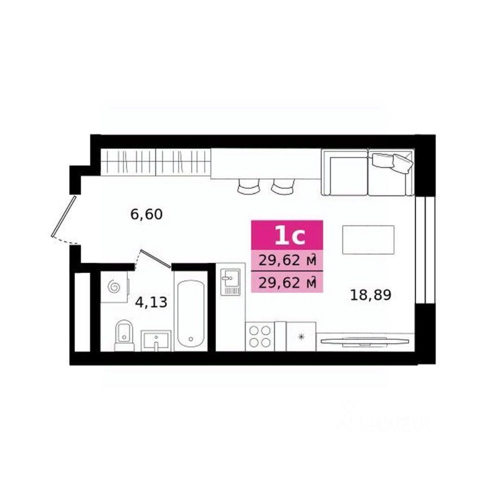 Студия Свердловская область, Екатеринбург ул. Монтерская (29.62 м²)